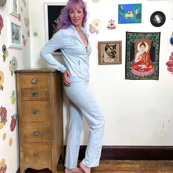 Vintage Vertigo Track Suit, y2k Baby Blue Stretch Knit Pants & Jacket Sz M - Picture 2 of 11